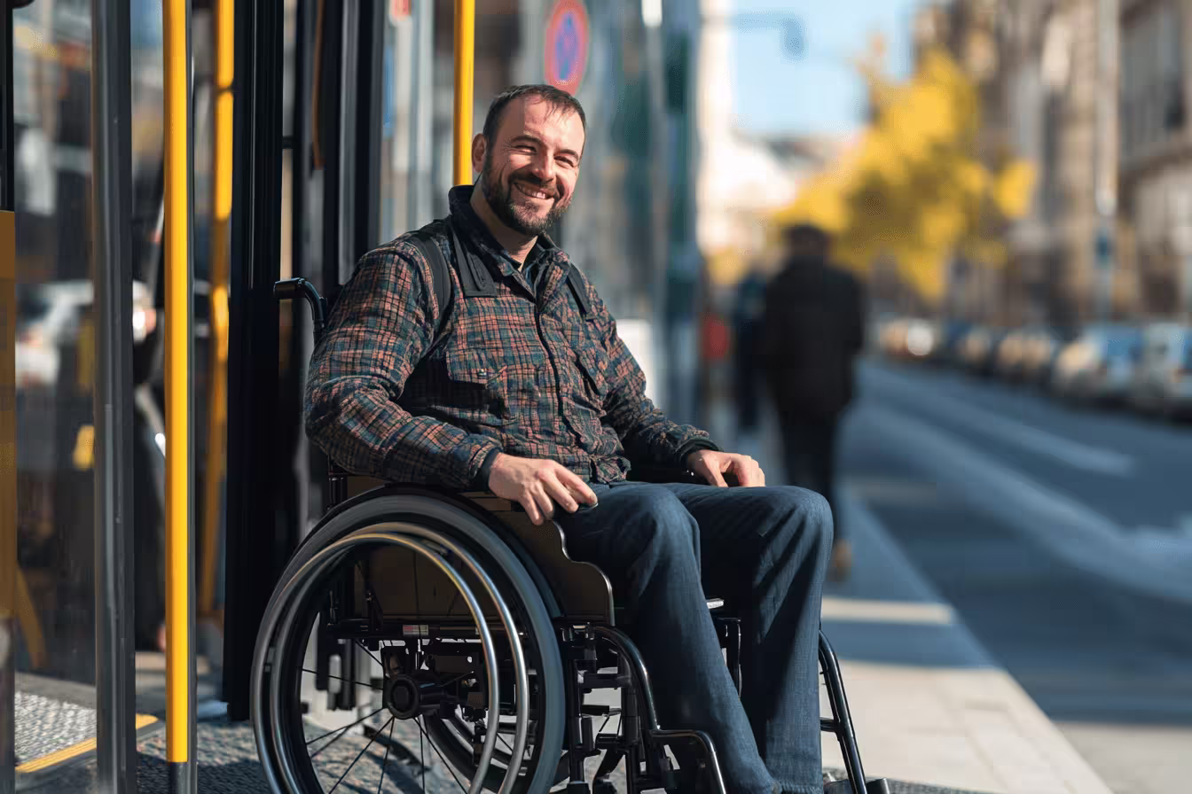 Happy passenger in a wheelchaisr